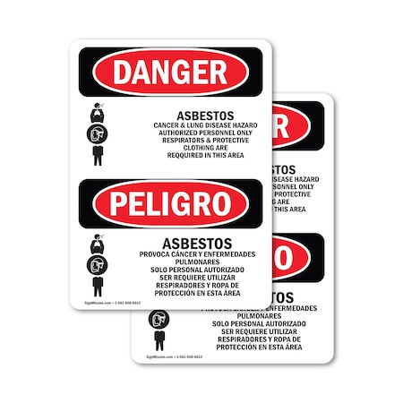 Signmission Asbestos Cancer Lung Disease Bilingual Danger Sign, Vinyl Decal, 10in W x 14in L, 2PK OS-2PACK-DS-D-1014-VS-1033